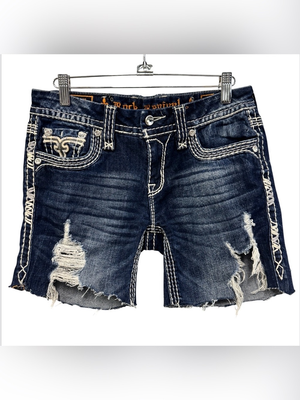 Rock Revival Felecia Women’s Distressed Indigo Denim Shorts Size 28
